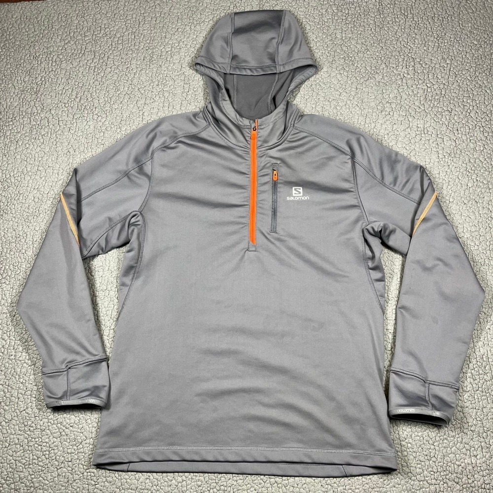Salomon ActiTherm Mens Large Grey 1/4 Zip Hooded Pullover Jacket Orange Trim